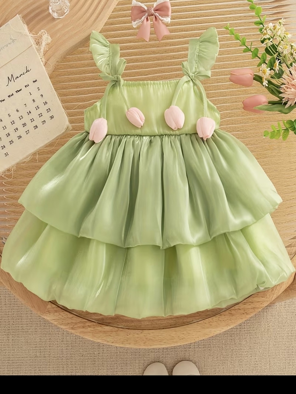 Girls Light Green Tiered Tulip Dress with Pink Accents
